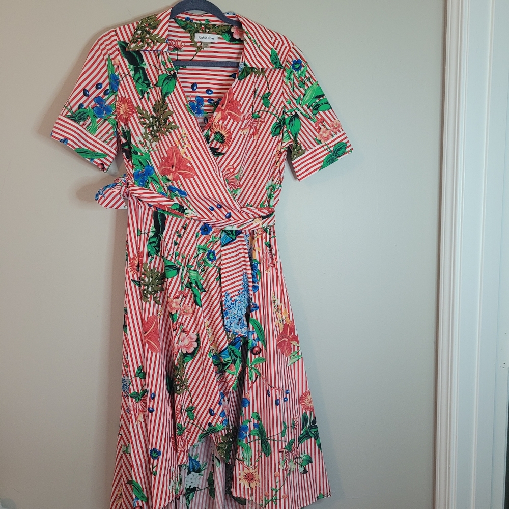 Calvin Klein Red & White Striped Floral Wrap Dress